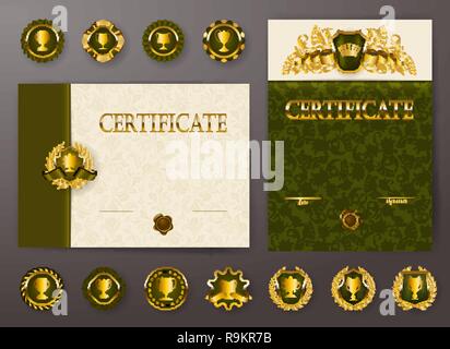 Set of elegant templates of diploma with lace ornament, ribbon, wax seal, drapery fabric, badges, place for text. Certificate of achievement, education, awards, winner. Stock Vector