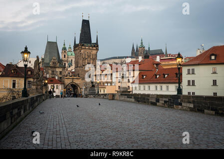 Old Prague, view from Charles bridge early in the morning, Czech republic Stock Photo