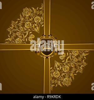 Royal background with ornament, shield, gold crown, ribbon, blazon, place for text in vintage style. Stock Vector