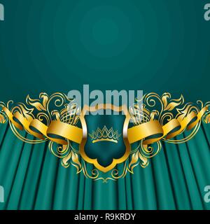 Royal background with ornament, shield, gold crown, ribbon, blazon, place for text in vintage style. Stock Vector