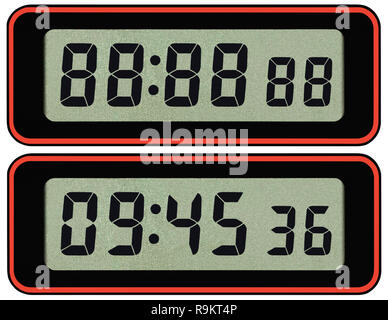 Digital lcd stopwatch timer typeface template, isolated seven segment black arabic numerals, binary digit countdown concept, electronic alarm watch Stock Photo