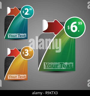 Set of Three Colorful Eco Product Selling Banners with Paper Cut Arrow Stickers, Perforated Metallic and Wavy Pattern, Price Tag, Vector Design Stock Vector