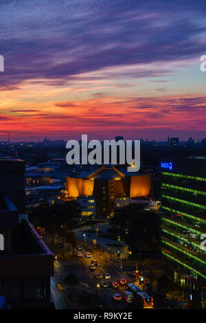 Spectacular sunset over the philharmonic orchestra hall in Berlin, Germany. Stock Photo