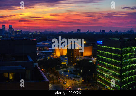 Spectacular sunset over the philharmonic orchestra hall in Berlin, Germany. Stock Photo