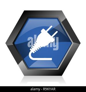 Plug dark blue glossy hexagon geometric diamond vector web icon with reflection on white background. Modern design hexagonal internet button. Stock Vector
