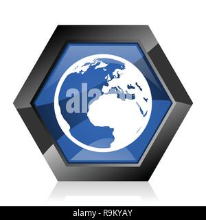 Earth dark blue glossy hexagon geometric diamond vector web icon with reflection on white background. Modern design hexagonal internet button. Stock Vector
