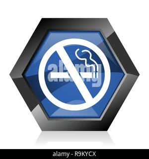 No smoking dark blue glossy hexagon geometric diamond vector web icon with reflection on white background. Modern design hexagonal internet button. Stock Vector