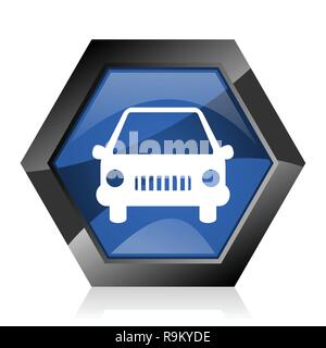 Car dark blue glossy hexagon geometric diamond vector web icon with reflection on white background. Modern design hexagonal internet button. Stock Vector