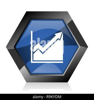 Histogram dark blue glossy hexagon geometric diamond vector web icon with reflection on white background. Modern design hexagonal internet button. Stock Vector