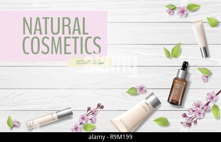 Spring sale cherry blossom organic cosmetic ad template. Skincare essence pink spring promo offer flower 3D realistic mockup. Sakura wooden plank background flat lay silver vector illustration Stock Vector