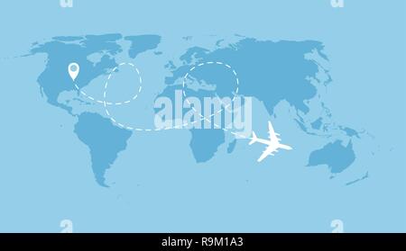 Airplane dotted flight background above world map. Vector Illustration EPS10 Stock Vector