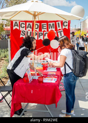 At a balloon decorated outdoor community college campus table in Santa Ana, CA, a teacher explains academic services available to a Hispanic female student. Stock Photo