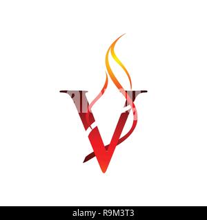 Initial V Letter Flame Logo Design. Fire Logo Lettering Concept Vector. Stock Vector