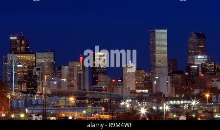 Downtown Denver, Colorado, at night with street lights on Stock Photo