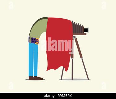 Old camera on a tripod. Photographer takes pictures. Vector Stock Vector