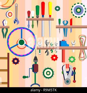 A set of tools on the shelves of the workshop. Vector. Stock Vector