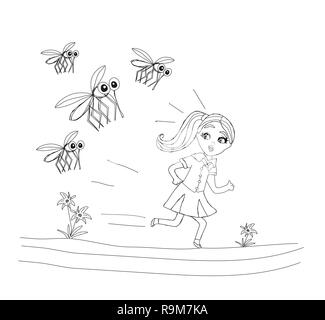 Girl runs away from mosquitoes Stock Vector