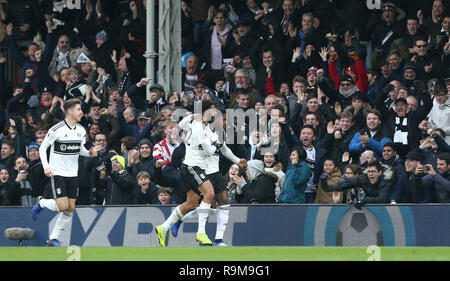 Fulham's Ryan Sessegnon celebrates scoring his side's first goal of the game during the Premier League match at Craven Cottage, London.