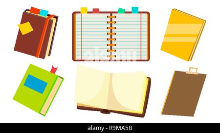 Notebook Set Vector. Office Personal Dairy Notepad. Opened And Closed. Isolated Cartoon Illustration Stock Vector