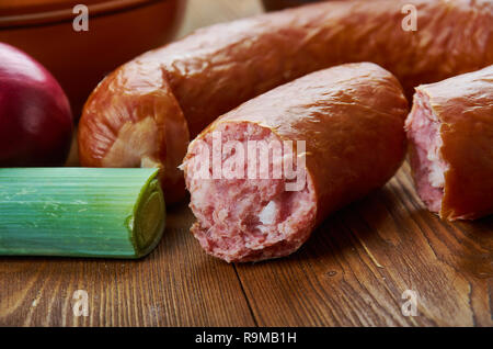 Vossakorv, smoked sausage lamb and pork, Norwegian  cuisine,  Traditional assorted dishes, Top view. Stock Photo