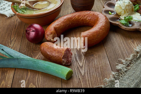 Vossakorv, smoked sausage lamb and pork, Norwegian  cuisine,  Traditional assorted dishes, Top view. Stock Photo