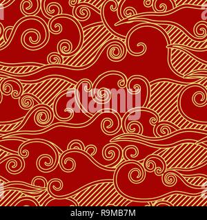 Chinese traditional style clouds and rain red and gold seamless pattern Stock Vector