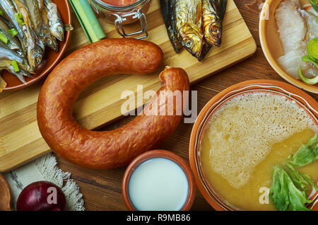 Vossakorv, smoked sausage lamb and pork, Norwegian  cuisine,  Traditional assorted dishes, Top view. Stock Photo
