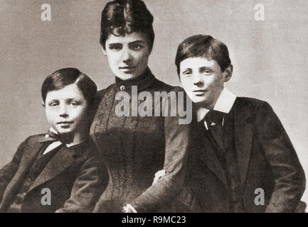 John Churchill, left, with his mother Jennie and his brother Winston, seen here as children in 1889.  Major John Strange Spencer-Churchill, 1880 – 1947, aka Jack Churchill.  Jennie Spencer-Churchill, 1854 –1921, aka Lady Randolph Churchill. Sir Winston Leonard Spencer-Churchill, 1874 –1965. British politician, statesman, army officer, and writer, who was Prime Minister of the United Kingdom from 1940 to 1945 and again from 1951 to 1955. Stock Photo