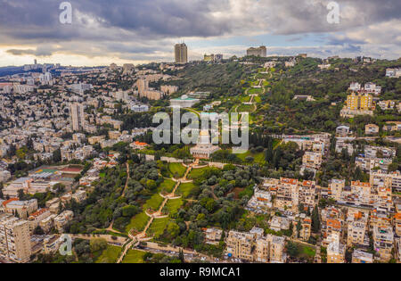 Haifa Bahai gardens during christmas aerial Stock Photo