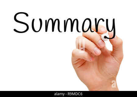 Hand writing the word Summary with black marker on transparent wipe board isolated on white. Stock Photo