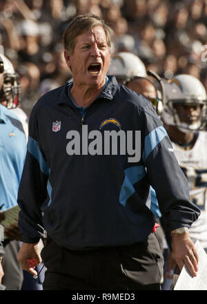 Oakland, California, USA. 1st Jan, 2012. Charger head coach Norv Turner is unhappy with official call on Sunday, January 1, 2012, at Oakland-Alameda County Coliseum in Oakland, California. The Chargers defeated the Raiders 38-26. Credit: Al Golub/ZUMA Wire/Alamy Live News Stock Photo