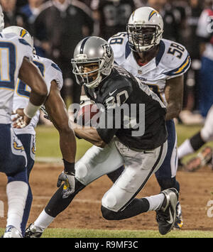 Oakland, California, USA. 10th Sep, 2012. Oakland Raiders wide receiver Rod Streater (80) struggles to make extra yards after catching pass on Monday, September 10, 2012, in Oakland California. Chargers defeated the Raiders 22-14. Credit: Al Golub/ZUMA Wire/Alamy Live News Stock Photo