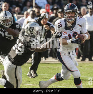 Denver Broncos tight end Owen Daniels and quarterback Peyton Manning  celebrate C.J. Anderson's two yard touchdown against the Carolina Panthers  in the fourth quarter of Super Bowl 50 in Santa Clara, California