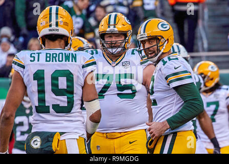 East Rutherford, New Jersey, USA. 23rd Dec, 2018. Green Bay Packers  quarterback Aaron Rodgers (12) is tackled by New York Jets linebacker  Neville Hewitt (46) in the fourth quarter during a NFL