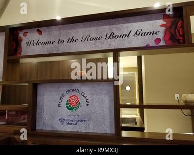 Los Angeles, CA. The Rose Bowl presented by Northwest Mutual got to a quick start, as both the Buckeyes, and the Huskies arrive in Los Angeles, these are small samples of art work of the Rose Bowl presented by Northwest Mutual, in a L.A. Hotel, in Downtown Los Angeles, on December 26, 2018. (Photo by: Jose Marin/MarinMedia.org/Cal Sport Media) ( Complete Photo & Company Credit Required) Stock Photo