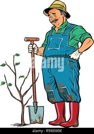 old gardener plants a seedling. ecology and gardening. isolate on white background. trees and garden tools. Pop art retro vector illustration vintage  Stock Vector