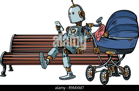 mom robot resting in the Park with a baby stroller. motherhood. Pop art retro vector illustration kitsch vintage Stock Vector