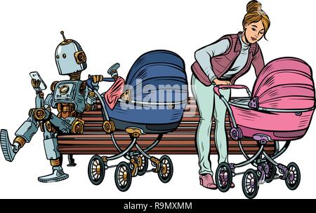young mother and robot with a baby carriage, park bench. Pop art retro vector illustration kitsch vintage Stock Vector