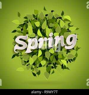 Abstract bright green leaves background with spring letters, vector illustration Stock Vector