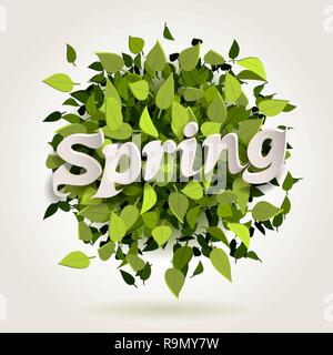 Abstract bright green leaves background with spring letters, vector illustration Stock Vector