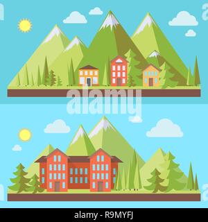 Mountain resorts, landscapes with pine trees in flat style, eco scene, vector illustration set Stock Vector