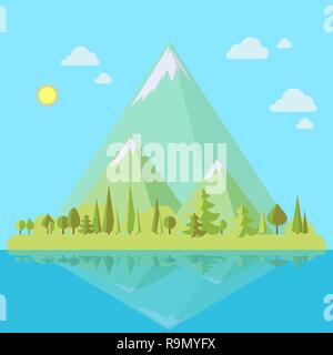 Island with mountains landscape and pine trees in flat style, eco scene, vector illustration Stock Vector