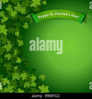 Abstract St. Patrick's Day background with falling clover leaves and banner, vector illustration Stock Vector