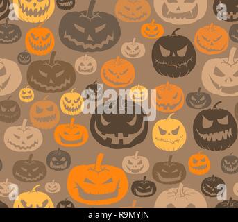 Vector seamless Halloween pattern with set of scary pumpkins Stock Vector