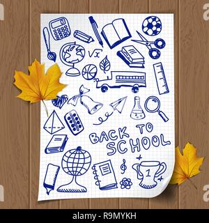 Back to school illustration with sketch school objects drawn on the note page Stock Vector