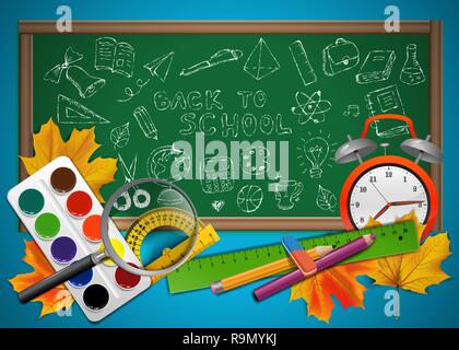 Back to school illustration with sketch school objects drawn on the blackboard Stock Vector