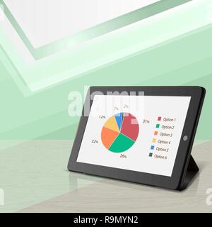 Abstract background with modern tablet and pie chart on it's screen, vector illustration Stock Vector