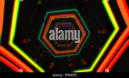 Futuristic HUD red hex tunnel VJ. 4K Neon motion graphics for LED, TV, music, show, concerts. Bright retro cosmic night club 3D illustration with data Stock Photo