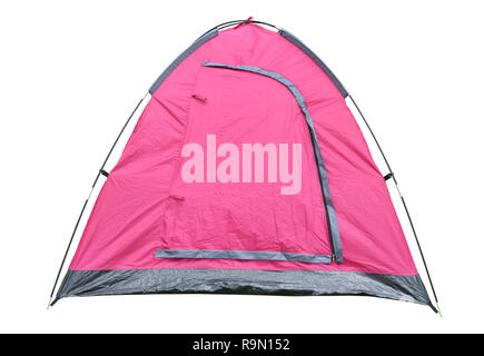 Camping tent isolate, Pink color dome tent on white background. Stock Photo