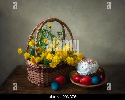 Easter Still life with bouquet of dandelions Stock Photo